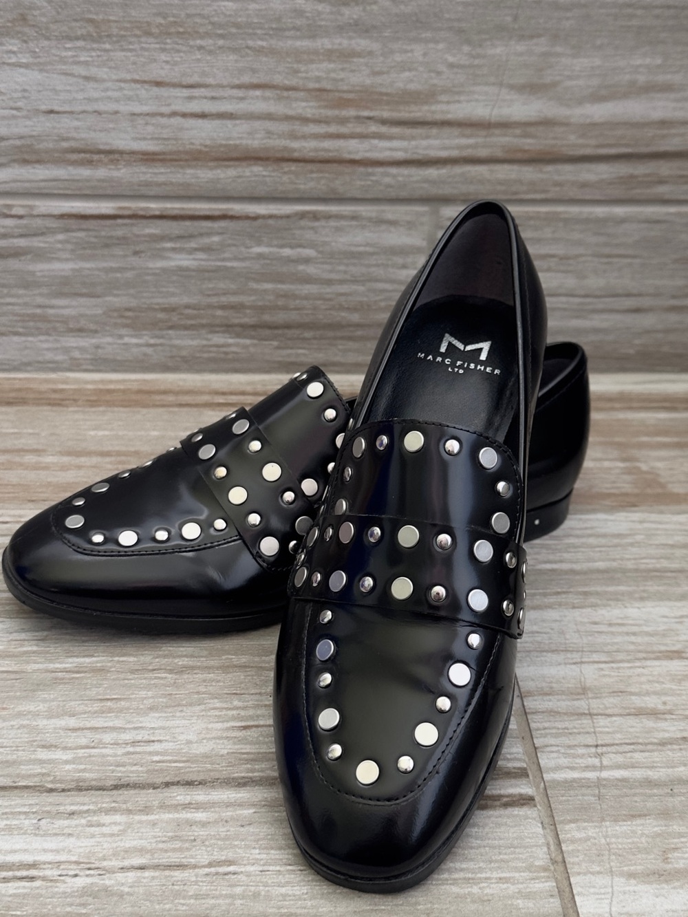 Marc Fisher Black Patent Leather Studded Loafers